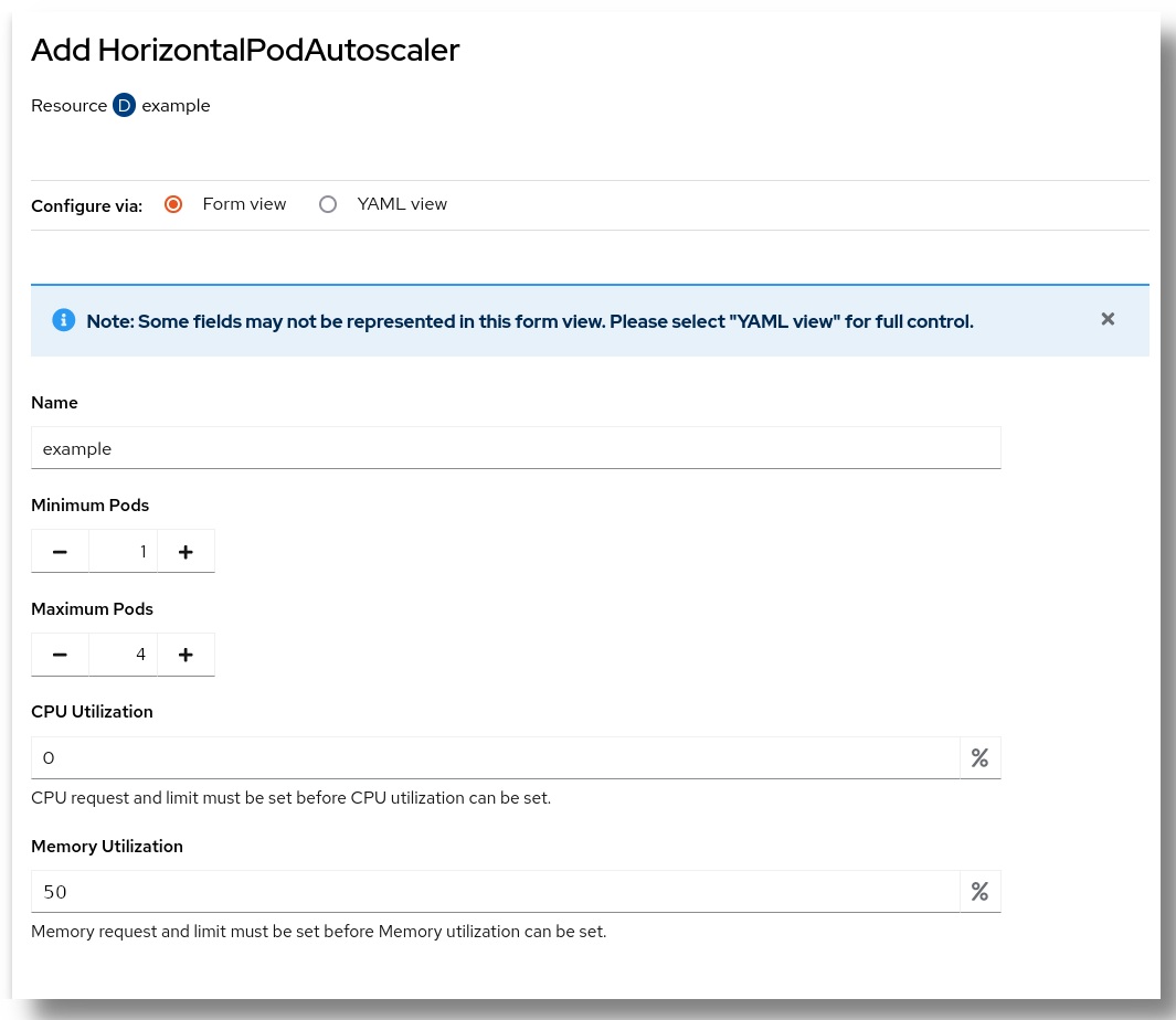 Add Horizontal Pod Autoscaler dialog