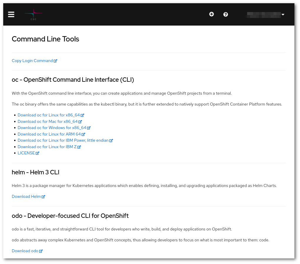 OpenShift Command Line Tools page